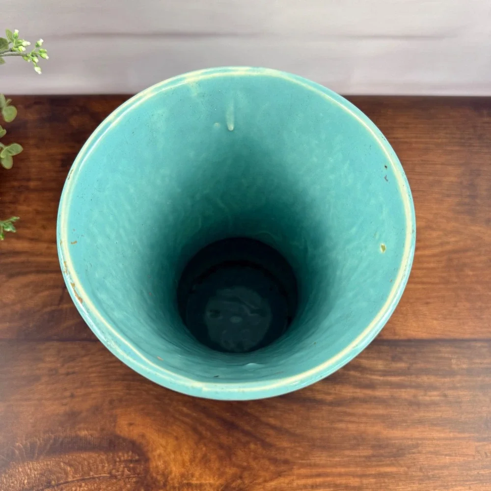 McCoy USA Pottery Aqua Turquoise Flared Vase Ringed Base Mid Century
